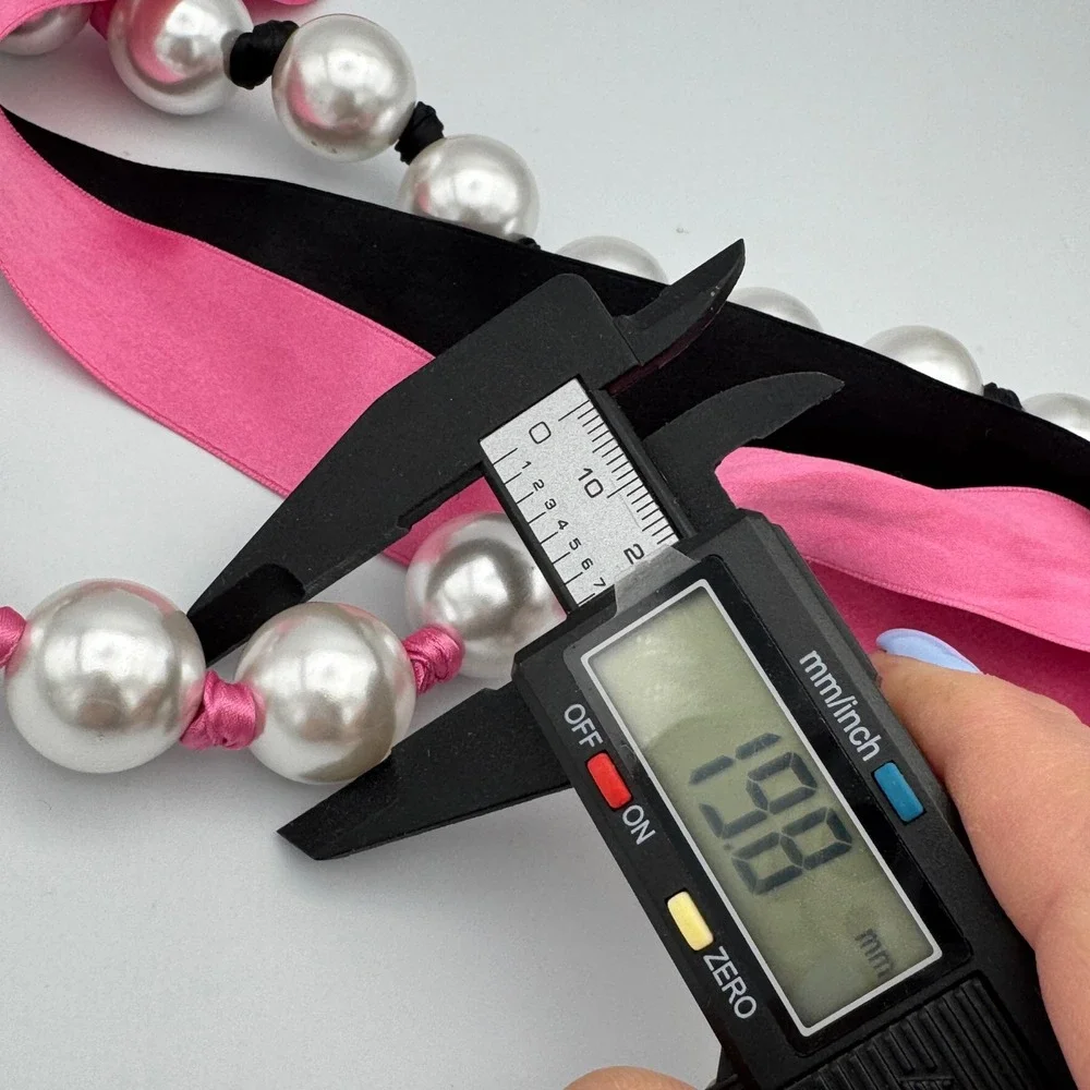 Oversized Faux Pearl Statement Necklace Ribbon Tie ‎ Pink Black Satin 20mm Beads